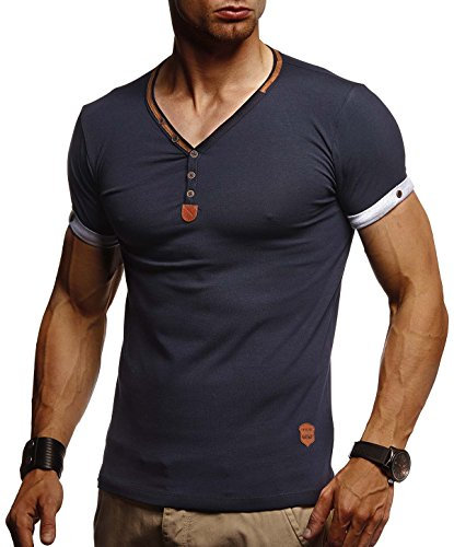 Leif Nelson - LN1390 - T-shirt à manches courtes et col en V pour homme - Coupe ajustée - Style moderne - T-shirt à teneur en coton, bleu, M