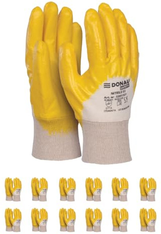 DONAU SAFETY Arbeitshandschuhe aus Baumwollstrick Herren/Schützender Nitril Beschichtet/Größe 8, 12 Paar/Gelb Weiß/Montagehandschuhe/für Montagearbei Mechaniker Service Transport und Bau