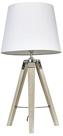 MiniSun | Modern Distressed Wood and Silver Chrome Tripod Table Lamps with White Tapered Light Shades | Home Décor, Bedside & Desk Lamp