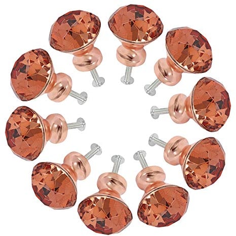 10Pcs Crystal Door Knobs 30mm Crystal Glass Door Knobs Diamond Shape Cupboard Cabinet Handle Pull Drawer Handle with Screw, Rose Gold