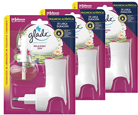 Glade - Ambientador Eléctrico Líquido con aceites esenciales, aroma Relax Zen, hasta 100 días, difusor + recambio [Pack de 3]