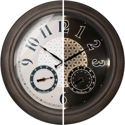 Presentime & Co Leuchtende Bauernhaus-Wanduhr mit Thermometer und Hygrometer, Wetterthermometer, graues Eichen-Finish, helles warmes Licht, 45,7 cm