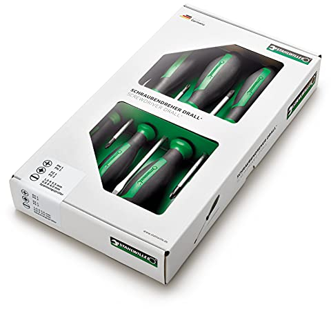 Stahlwille 4698 DRALL+ Schraubendreher Set 7-teilig mit Spannungsprüfer l für Schlitz-/ Kreuzschlitzschrauben (PH, PZ) l 2K-Griff l Made in Germany