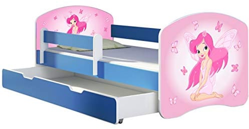 ACMA Kinderbett Jugendbett mit Einer Schublade und Matratze Blau mit Rausfallschutz Lattenrost II 140x70 160x80 180x80 (07 Rosa Fee, 160x80 + Bettkasten)