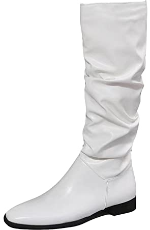 Stivali Alti Donna Lungo Stivale Donna Pelle Piatto Invernali Stivali Equitazione Zip Fibbia al Ginocchio Elegante Stivali da Equitazione (40,Bianca)