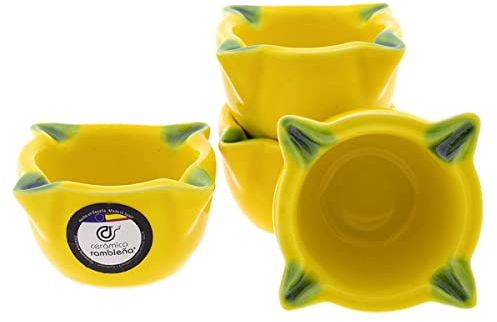 CERÁMICA RAMBLEÑA | Pack x4 Lebrillo de barro 4 picos decorado amarillo rústico | Cuencos de aperitivo | Cuencos cocina para salsas | Cuencos cerámica | 100% Decorados a mano | 8x8x4.5 cm