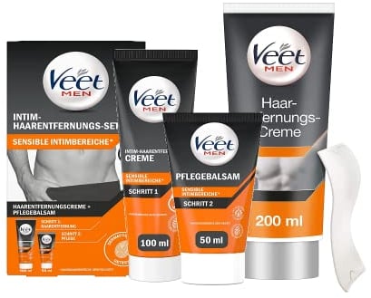 Veet Intim-Haarentfernungs-Set – speziell für den sensiblen Intimbereich – Intim-Haarentfernungscreme (100ml) mit Spatel + Pflegebalsam (50 ml) + Veet for Men Haarentfernungs-Creme Power Effect 200ml