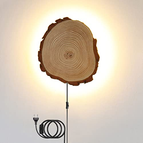 Rustikale LED Wandleuchte mit Schalter und Stecker 12W Holz Wandlampe für Flur Treppenhaus Wandbeleuchtung mit Kabel 3000K warmweiß Innenbeleuchtung Retro Lampe für Schlafzimmer Wohnzimmer Küchen