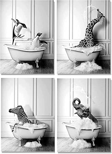 Tier Schwarz Weiß Wand Kunst Drucke, Leinwand Badezimmer Bilder Set Lustig Elefant Zebra Pinguine Giraffe Tier In Der Badewanne Bilder Badezimmer Deko (30X40cm*4pcs - rahmenlos, Lustig tiere)…