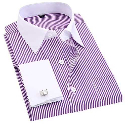 Rayé pour homme Boutons de manchette français, chemise décontractée à manches longues col blanc, chemise de smoking de mariage FS12 à rayures violettes Taille asiatique 5XL
