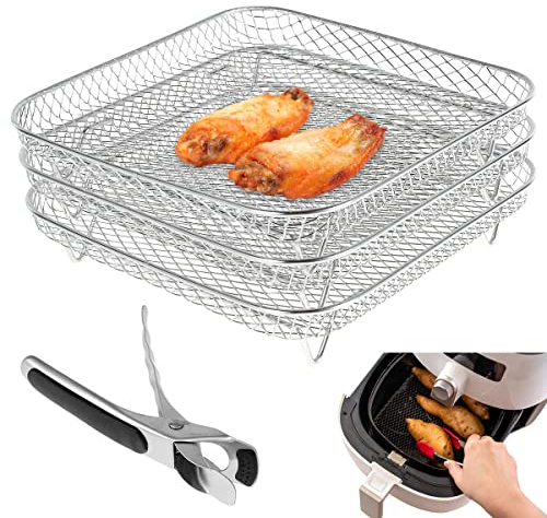 8inch Air Fryer Rack for Ninja Three Layer Stackable Dehydrator Racks Stainless Steel Square Air Fryer Basket Tray Air Fryer Accessories Fit for 5.8QT COSORI Air Fryer and 7.5L-8L Square Air Fryer