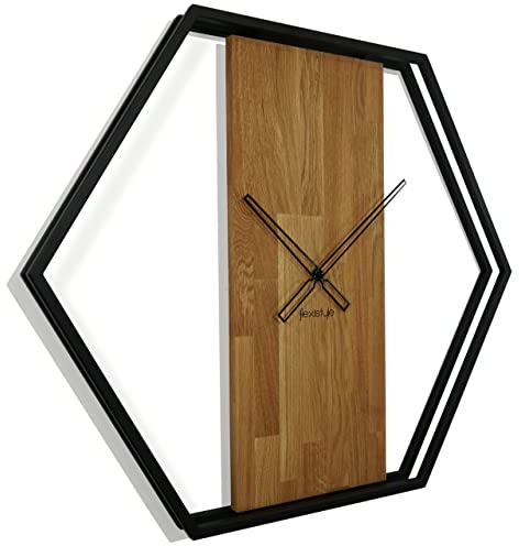 FLEXISTYLE Wanduhr groß XXL Hexagon Holz Eiche LOFT schwarz Industrial modern 80cm Durchmesser ohne Ticken