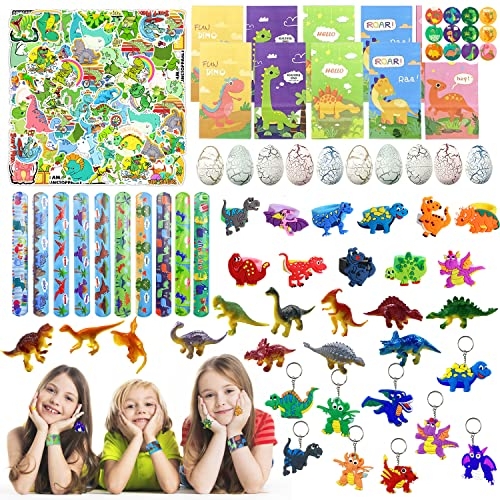 112 Pezzi Dinosauro Festa Giocattolo, Dinosauro Gadget Compleanno Bambini, Mini modello di dinosauro, Dinosauri Adesivi Portachiavi Braccialetti Slap Sacchetto Regalo, Gadget Bambini Dinosauri