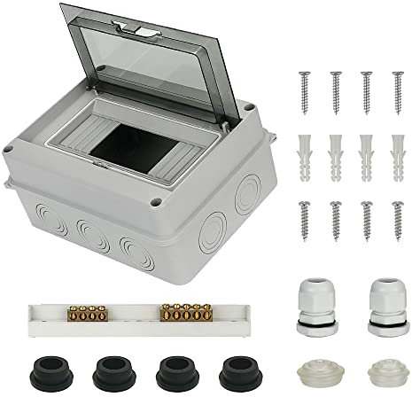 Coffret Électrique Étanche Éxterieur IP65, Boîtier de Distribution 8 Modules, Coffret Modulaire avec Bornier Laiton, Rail DIN, Presse Étoupes Étanche, Bouchon en Silicone Étanche et Bouchons Cache