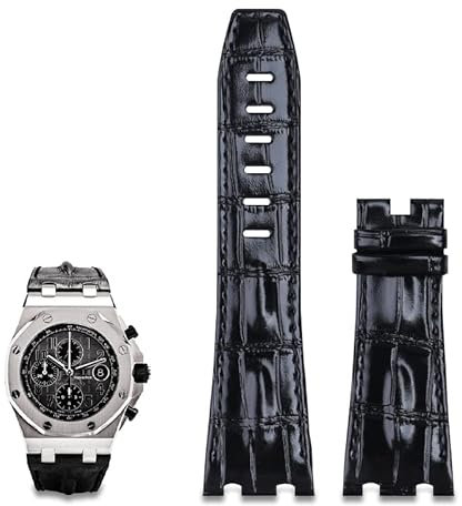 COEPMG 28 mm importiertes Lederarmband für AP für Audemars Piguet 42 mm für Royal Oak Offshore Uhrenarmband Zubehör Dornschließe 15710/15703 (Farbe: schwarzes Armband, Größe: mit silberner Schnalle)