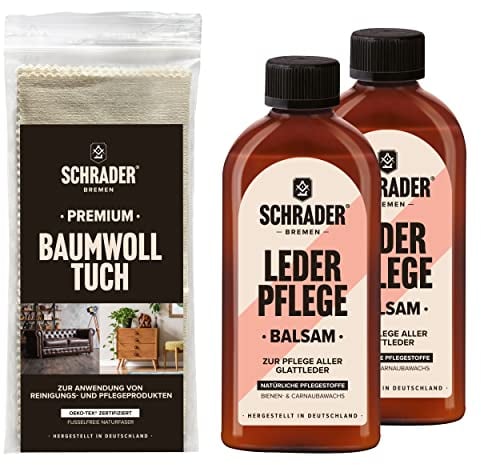 Schrader Lederpflege Balsam Set - Balsam und Poliertuch - für Glatte Lederarten - farbneutral - 3-teilig - Made in Germany