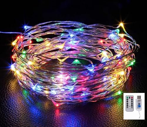 Volunx USB 2m RGB 1Pcs Fairy Lights Copper USB Plug in, 2m 20 LED Multicolour 8 Modes Copper Wire String Lights Remote Timer, Twinkle Firefly Bedroom Party Night Room Decorations