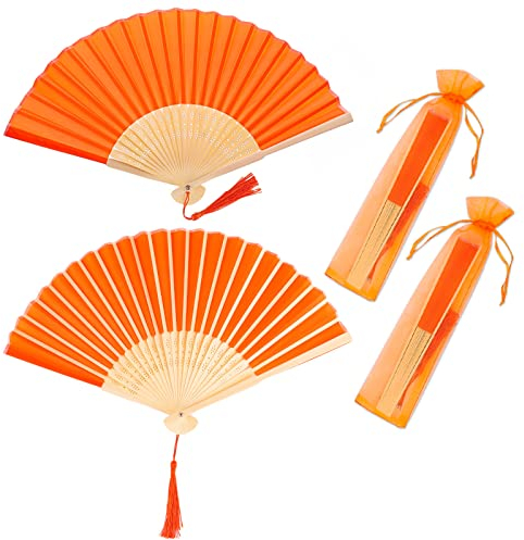 Handfächer, 2er Klein Handfächer aus Stoff für eine Abkühlung im Sommer, Faltbar Fächer mit Quaste und Fan-Tasche - für Hochzeite Bevorzugung Aufführung Tanz Dekoration (Orange)