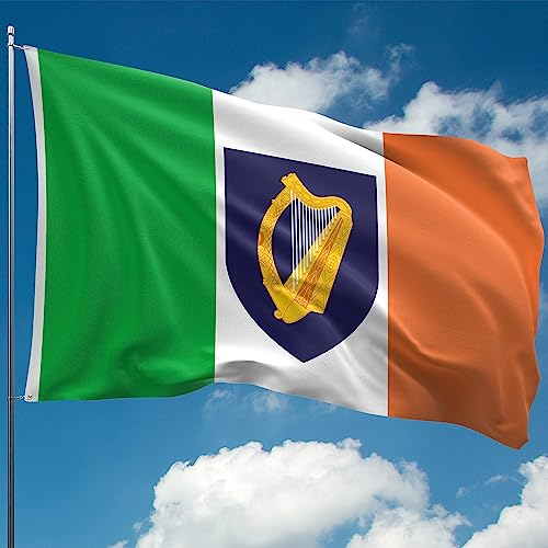 Bandera irlandesa – Bandera de Irlanda con arpa de escudo de armas – Bandera tricolor Éire – Impresión digital de doble cara – Poliéster grueso 110Den – Doble costura – 2 ojales de latón, grande 1.5 m