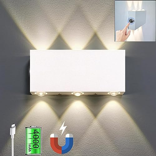 WYQSX Wandleuchte Akku Innen Dimmbare Wandlampe mit Touch Schalter, Wandleuchte Ohne Stromanschluss Kabellose Magnetische Up Down Wandleuchtung für Schlafzimmer, 4000mAh Batteriebetrieben Warmweiß