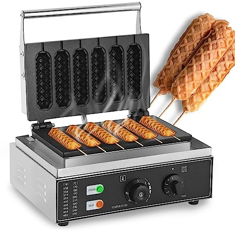 Commercial French Hot Dog Waffle Maker Iron Machine 1550W Electric Nonstick Corn Dog Maker 5 PCS HotDog Cheese Stick Press Iron, 50-300℃ Temp Control, 5-min Timer French Muffin Cooker 6pcs