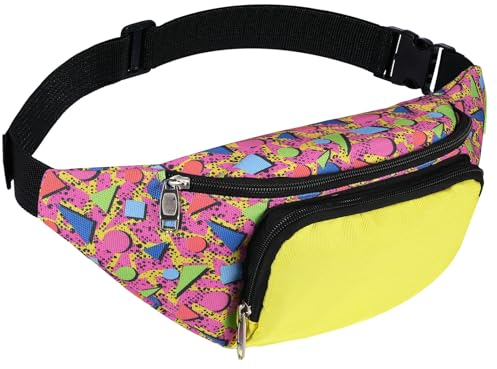 80er Jahre Retro Neon Bauchtasche 2 Taschen Hände frei Gürteltaschen 80er Jahre Kostüme für Damen Herren Kinder Hüfttasche für Urlaub Festival Reisen 80er Jahre Motto-Party, Stilvolle Farbe.