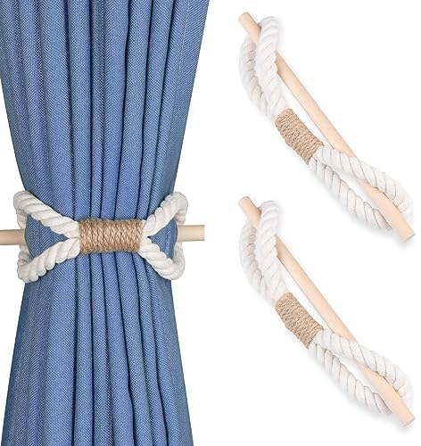 OCIOLI Boho-Vorhang-Raffhalter, 2 Stück, handgefertigte Vorhangbinder mit Holzclub, beigefarbenes Baumwollseil, Vorhang-Raffhalter für Vorhänge, Bauernhaus-Dekor, Boho-Dekor (Beige Baumwollseil, 2)