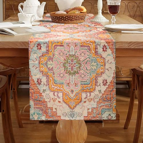 Boho Tischläufer Vintage 33 x 183 cm Orange Bunt Tischläufer Leinen Abwaschbar Türkischer Style Tischdecke Landhausstil Dekoration für Bauernhaus Esszimmer Party Urlaub Tabletop Dekor