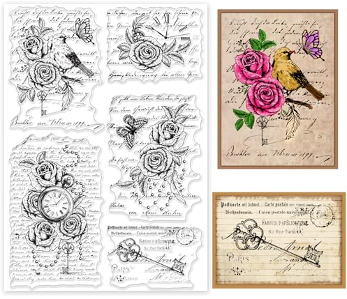 INFUNLY Vintage-Wörter-Hintergrund Transparente Stempel 8.3x11.7 Blume Schmetterling Silikon-Stempel Retro-Uhren Manuskript Transparente Siegelstempel Für Kartenherstellung DIY Scrapbooking Fotoalbu