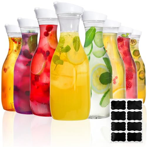 Lawei 8 Pack 50 Oz Water Carafe with Lids, 1.5 Liter Plastic Juice Beverage Pitchers, Heavy Duty Clear Drink Containers Bulk for Water, Juice, Iced Tea, Milk, Soda, Lemonade and Mimosa Bar