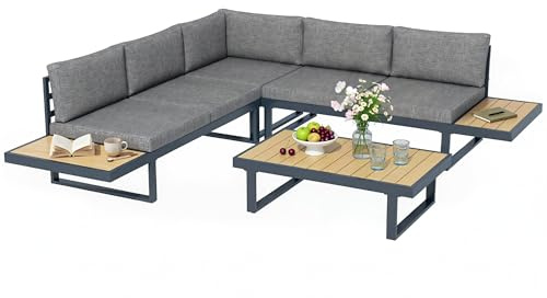 Outsunny Set Esquina muebles de jardín sofá Diseño contemporáneo 5 plazas Cojines Mesa de centro de aluminio. gris antracita y la imitación de madera