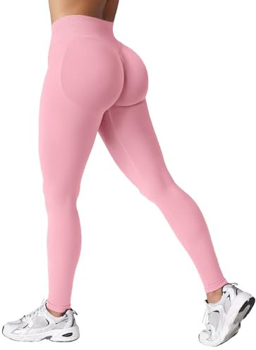 ZAAYO Damen Sport Leggings Nahtlose Scrunch Butt Leggings High Waist Booty Lifting Po Push Up Gym Sporthose Rosa L