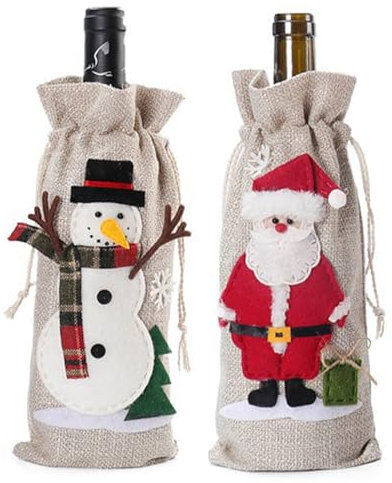 2 pezzi juta Bottiglia Vino Borse Natale Babbo Natale Bottiglia Sacchetti Borse per il vino Coulisse Vino Bottiglia Vestito Decorazione per Natale Borsa Regalo Tavolo Cena Festa Ristoranti (B)