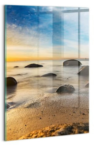 Wallfluent Wandbild Gehärtetes Glas Wanddekoration 20x30cm Für die Küche Badezimmer und Schlafzimmer Dicke 4mm Glasbild Mit Motiv Bild - Sonnenaufgang Ostsee