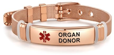 LSxAB Braccialetto per allerta medica in oro rosa e rosso, con incisione laser, in acciaio inossidabile, regolabile, per uomo e donna, per emergenza e pronto soccorso, Regolabile, Acciaio inossidabile