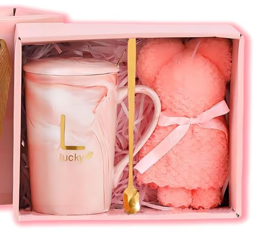 Cnwinu Pink Coffee Cups, Cute Mugs for Girls - 350mL Lucky Cup Gift Set for Sisters, Friends and Women