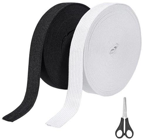 Furuising 2 Rollen Gummiband 20mm Breit, 20M Schwarz Weiß Gummiband Nähen, Elastische Hosengummi, Gummibänder Breit, Elastic Band mit Einfädelzange, Schere für Hosenbund DIY Handwerk