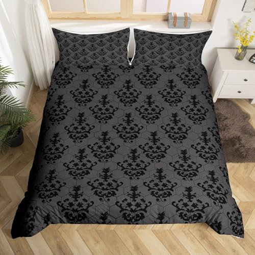 Homewish Gotische Bettwäsche Sets Erwachsene Schwarz Damast Bettbezug Set,Viktorianische Tröster Bezug 155x220 Vintage Barock Goth Bett Set Antik Schwarz Floral Böhmische Dekor,Grau