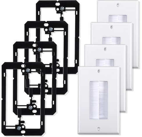 4-Pack Brush Wall Plate with Low Voltage Mounting Bracket, Cable Pass Through Insert for Wires, Single Gang Cable Access Strap, Wall Socket for HDTV, Home Theater Systems