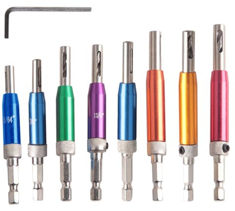 Oiieco 8 Pcs Self Centering Drill Bit Set, Hinge Drill Bits with Allen Wrench,1/4 Hex Shank Hinge Drill Bit Guide Set,Quick Release Drill Bit Accessories,for Woodworking,Cabinet and Window Drilling