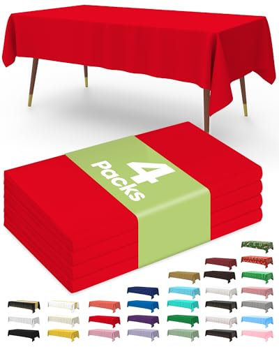 Pureegg Plastic Table Cloth Disposable 4 Pack, 54 x 108 Inch Table Cloths for Parties, Decorative Tablecloths for Rectangle Tables, Red Plastic Cover, Leakproof & Sturdy, Red