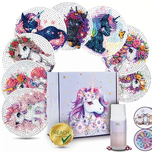 MJ Company® Diamond Painting Untersetzer 8Stk. mit Versiegler für mehr Schutz - Diamond Painting Einhorn Untersetzer mit Box - DIY Set für Erwachsene