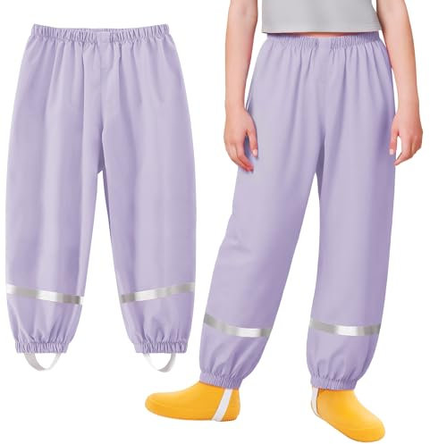 Baogaier Pantaloni Impermeabili Bambino Bambina, Unisex Ragazzi Ragazze Traspirante Antipioggia Antivento Salopette Viola Leggero con Striscia Riflettente Bambini Trekking Pantaloni 9-10 Anni