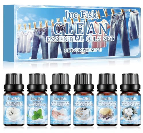 Sauber Ätherische Öle Set, 6x10 ml Aromatherapie Duftöl für Diffuser,Blossom Soap Parfümöl,Ätherische Öle für Diffuser, Frisches Leinen, Minze, Puder, Sauberes Zuhause, Blütenseife, Saubere Baumwolle