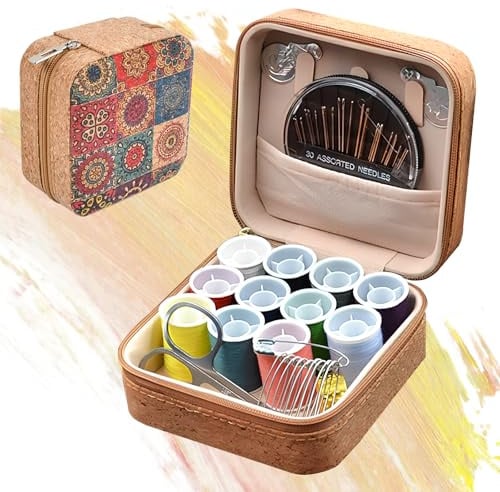 Tragbares Nähset Mit, Stilvolles Retro Nähset Mit, Reise Nähset aus PU-Ledertasche, Näh mit Nähzubehör, Nadel und Fadenset für Erwachsene, Anfänger, Reisen, Notsituationen (Sonnenblumen)