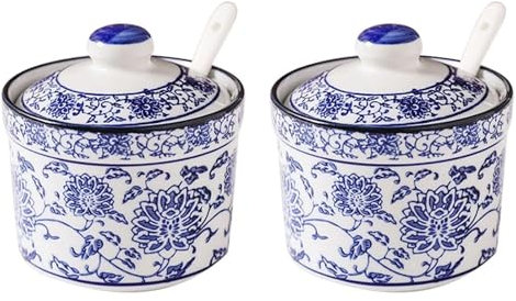 BTBTB Sugar Bowl with Lid,Ceramic Sugar Pot，Chinese Blue and White Porcelain Sugar Bowl with Lid, Porcelain Sugar Pot with Spoon, Small Salt Pot(2 Set)