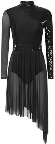 Mufeng Damen Ballettkleid Glänzend Pailletten Eiskunstlauf Kleid Langarm Rollschuhkleid mit Asymmetrisch Rock Lyrisch Tanzkleid