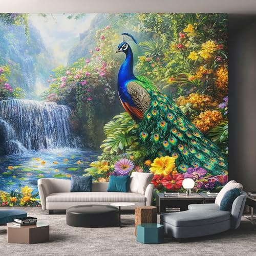 Generisch Tapete Pfau Vliestapete Bunt Vogel Wasserfall 150X105cm Fototapete Wohnzimmer Motivtapete Schlafzimmer Tapeten Deko, Mustertapete, Wandtapete D2
