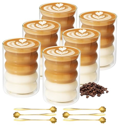 SUNNYNEST 6-Pack Double Walled Glass Coffee Mugs 330ml (11oz) Double Wall Insulated Glass Coffee Mugs with 6 Spoons for Hot Cold Drinks Dishwasher Safe Tea Cappuccino Latte Mugs for Home Cafe Office