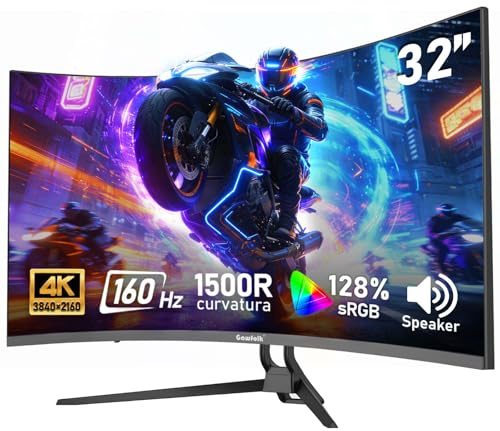 Gawfolk 32-inch 4K Ultra HD Curved 1500R Computer Monitor, 160Hz Gaming Screen, 1ms, Adaptive Sync, 128% sRGB, Built-in speaker, HDMI 2.1, DisplayPort, Wall-mounted compatible 75 * 75MM-Black